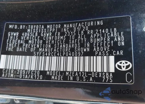 2020 Toyota Corolla Se из США, поврежденный, VIN 5YFS4RCE4LP040097